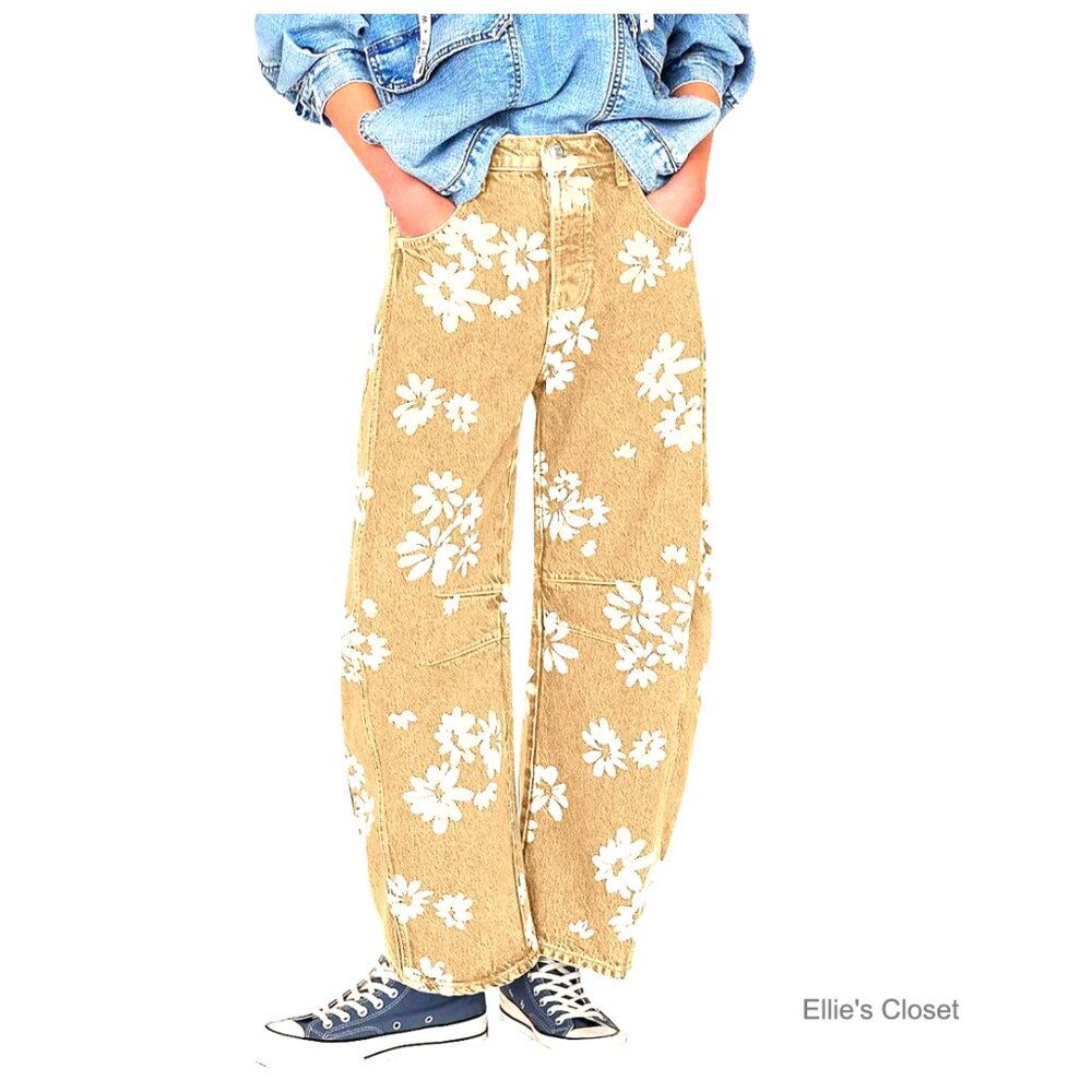 Distressed Barrel Jeans Baggy Wide Leg Floral Printed Patchwork Denim Pants